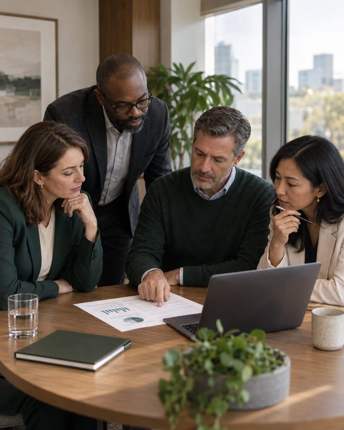 A business leadership team reviewing an evidence report together